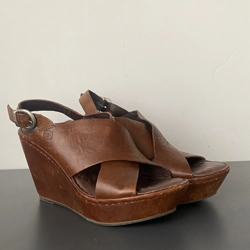 Born Chestnut Leather Wedge Sandals 36.5 (US 6) Boho Chic Coastal Urban Comfy